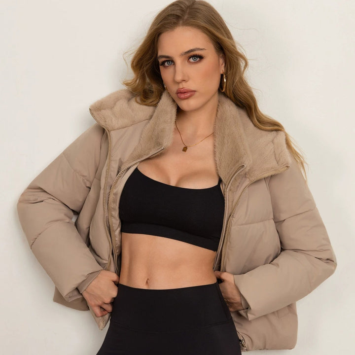 Women Short Cut Puffer Jacket with Cosy Faux Fur Lining and High Collar