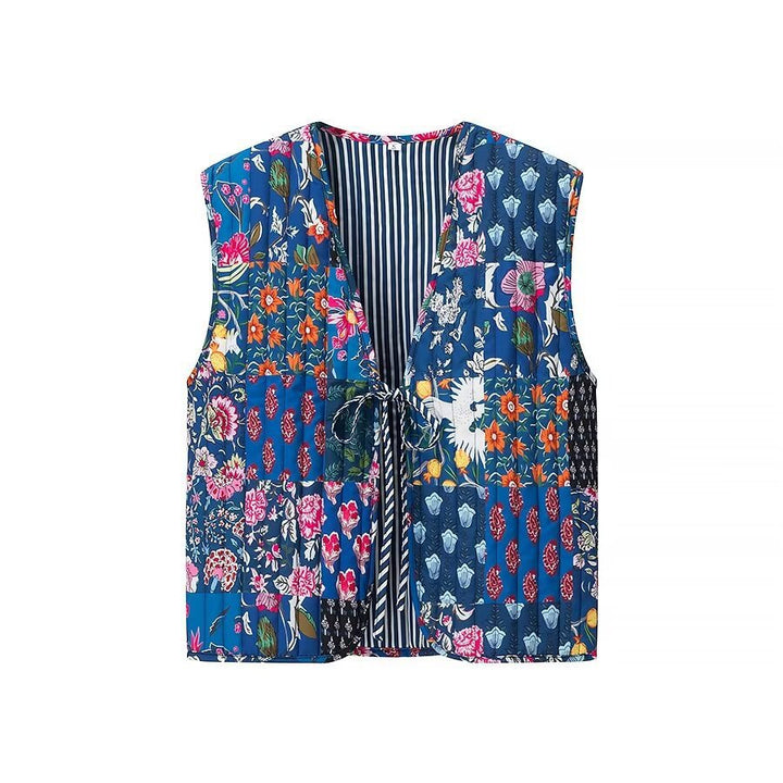 Women Padded Quilted Vest with Floral Allover Look and Tie Band