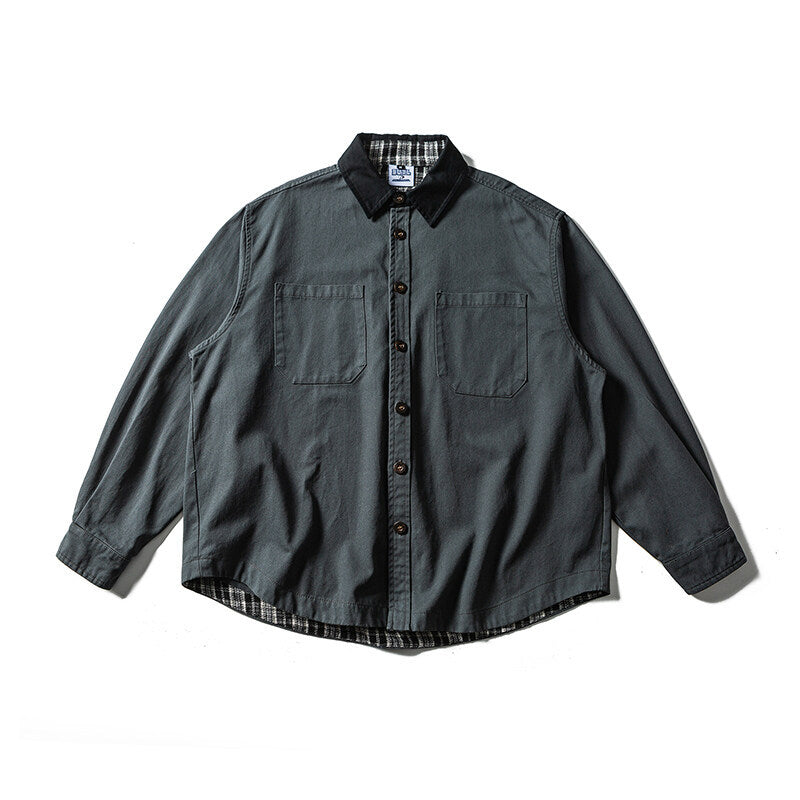 Unisex Oversize Shirt Jacket with Contrast Collar and Checked Lining
