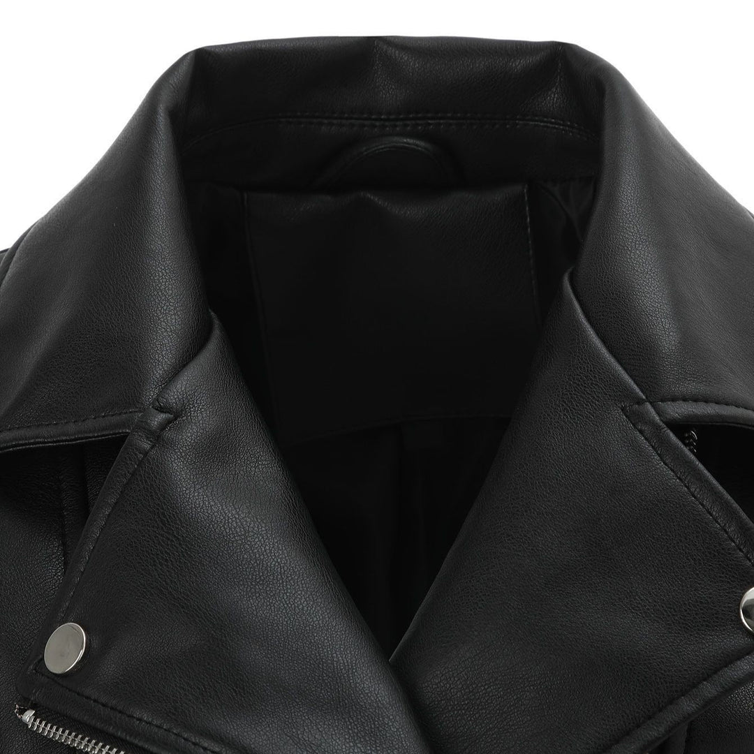 Women Tailored Biker Jacket in Leather Look with Asymmetrical Zip and Decorative Seams