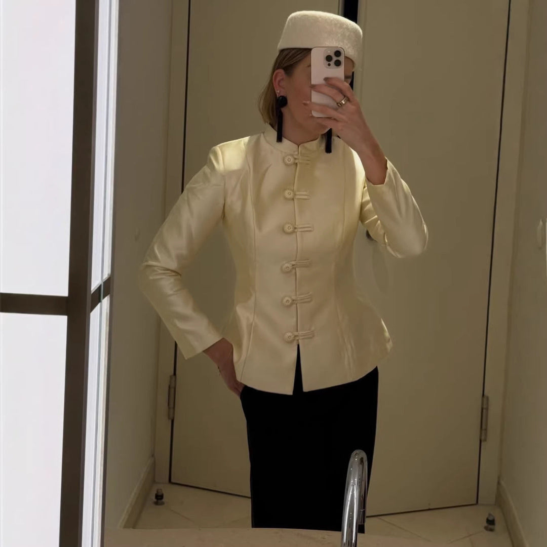 Women Chinese inspired jacket with stand-up collar and decorative knot closures