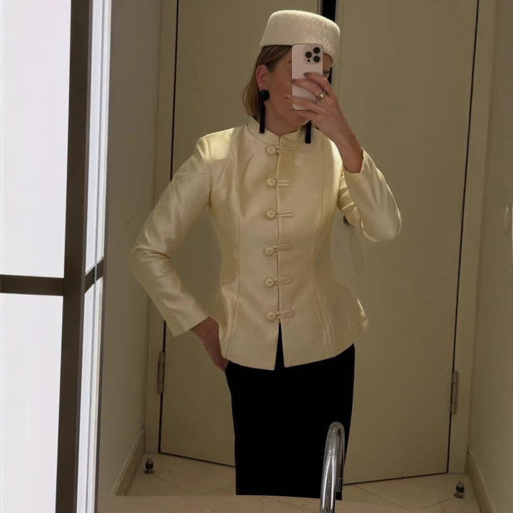 Women Chinese inspired jacket with stand-up collar and decorative knot closures