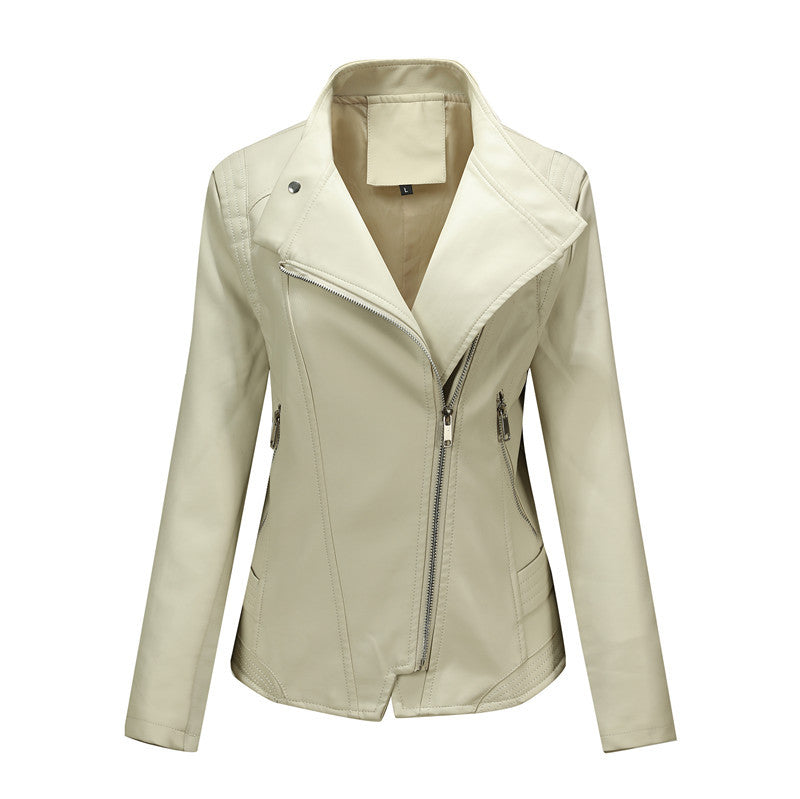 Women fitted biker jacket made of faux leather with asymmetrical zip and fitted cut