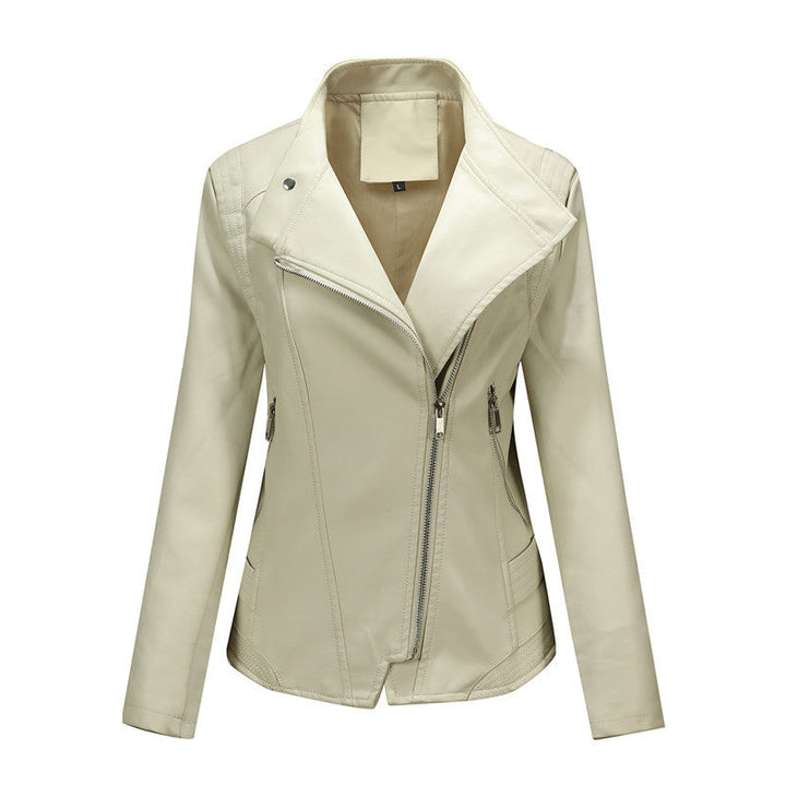 Women fitted biker jacket made of faux leather with asymmetrical zip and fitted cut