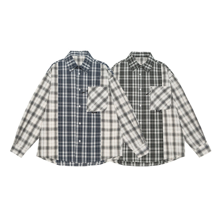 Unisex Oversized Shirt Jacket with Patchwork Check Pattern and Rounded Hem