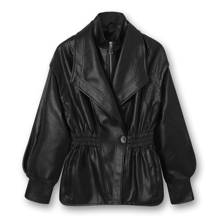 Women leather jacket with wide shawl collar, gathered waist area and balloon sleeves