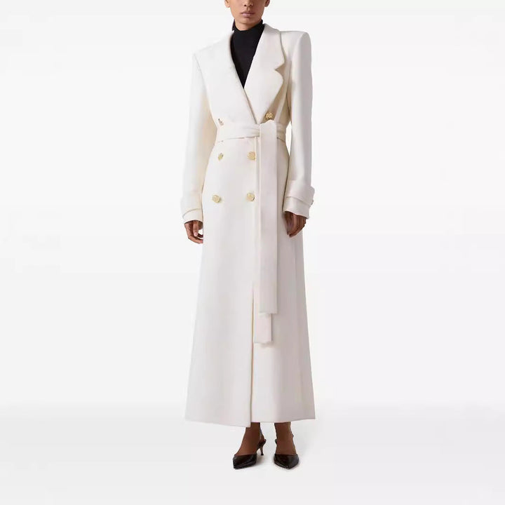 Women Long Double-Breasted Wool Coat with Waist Belt