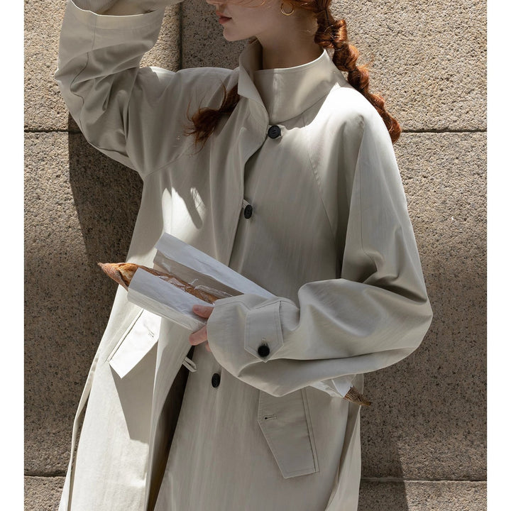 Women Lightweight Oversize Trench Coat with High Stand Collar, Adjustable Cuffs &amp; Tied Belt
