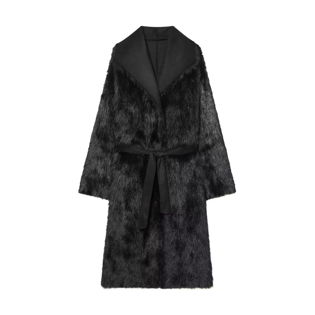 Women longer coat with faux fur trim and tie belt