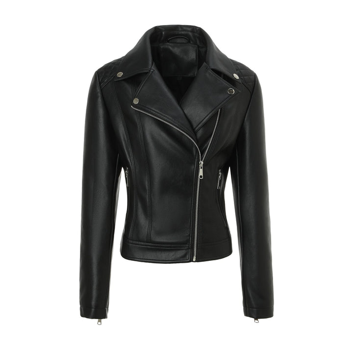 Women tailored biker leather jacket with quilted shoulders and asymmetric zip