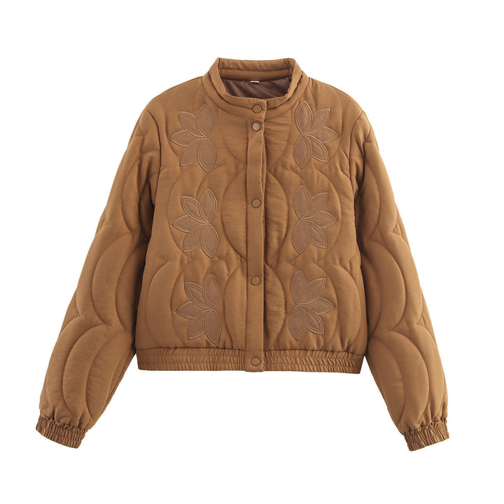 Women Short Quilted Blouson with Floral Quilted Application, Stand-up Collar and Elastic Waistband