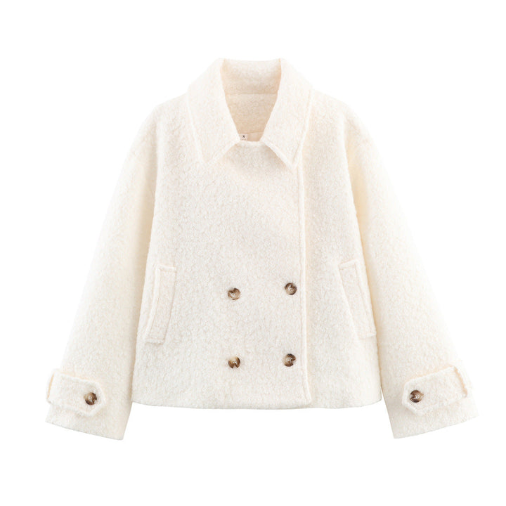 Ladies Boxy Boucle Double-Breasted Coat with Shirt Collar and Flap Pockets