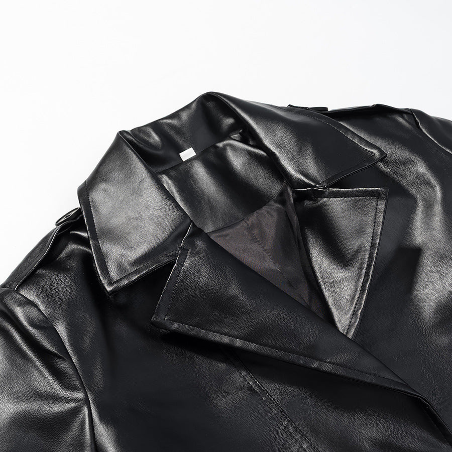 Women Longer Trench Coat in Leather Look with Tie Belt and Epaulettes