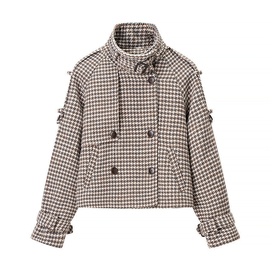Women Oversize Trench Coat with Houndstooth Pattern, High Stand Collar and Shoulder Epaulettes