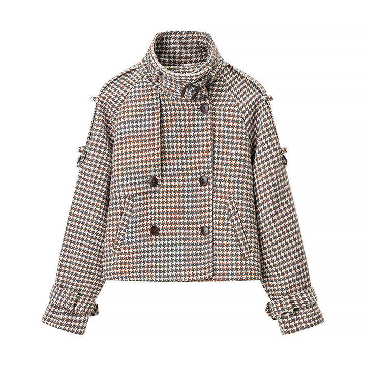 Women Oversize Trench Coat with Houndstooth Pattern, High Stand Collar and Shoulder Epaulettes