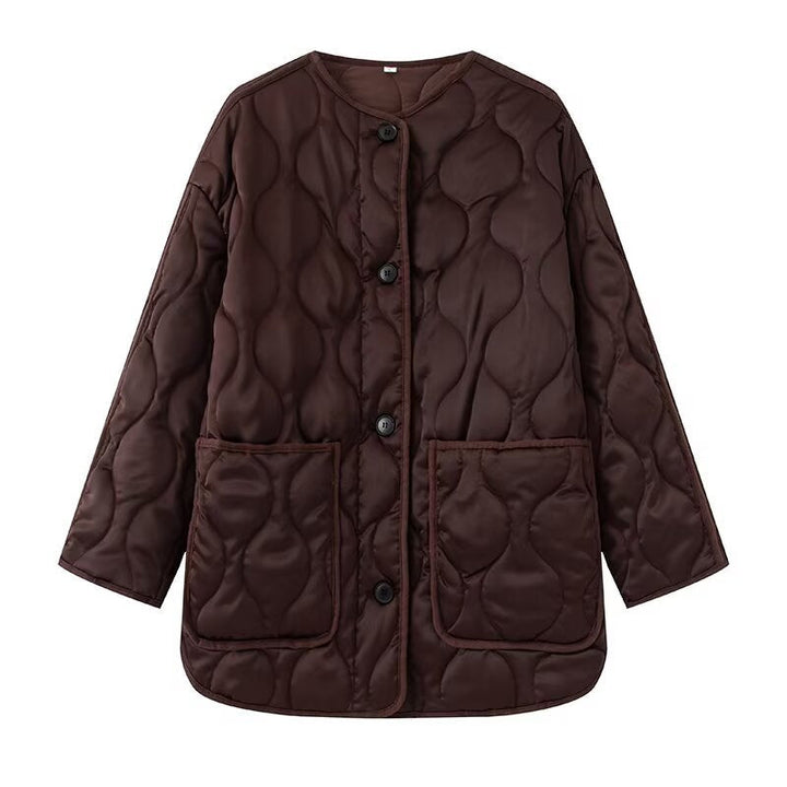 Women Longline Quilted Jacket with Round Neck, Button Placket and Patch Pockets
