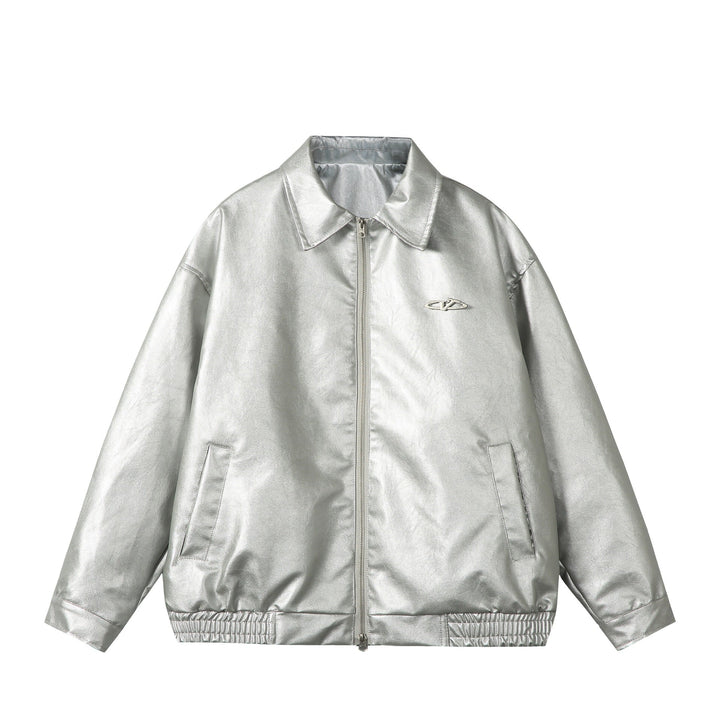 Ladies Oversize Smooth Leather Look Blouson Jacket with Elastic Hem and Metal Logo