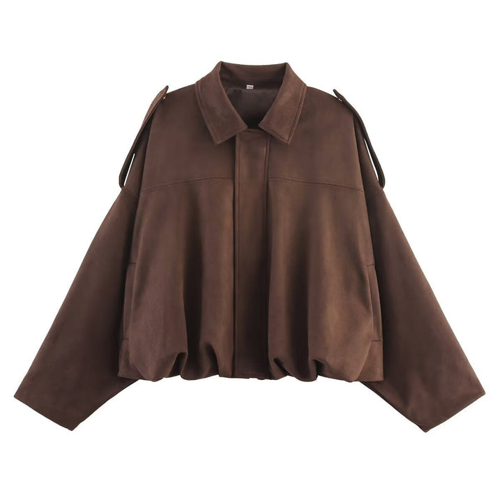 Women Cropped Oversized Blouson Jacket in Velour Look with Drawstring Hem and Epaulettes