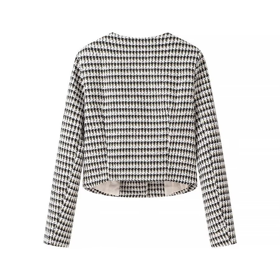 Women Tailored Boucle Short Blazer with Houndstooth Pattern and Decorative Buttons