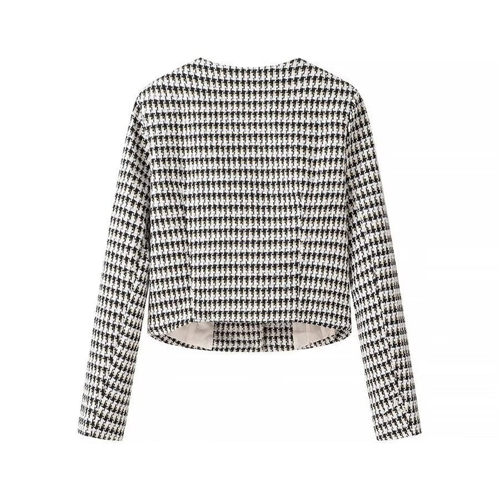 Women Tailored Boucle Short Blazer with Houndstooth Pattern and Decorative Buttons