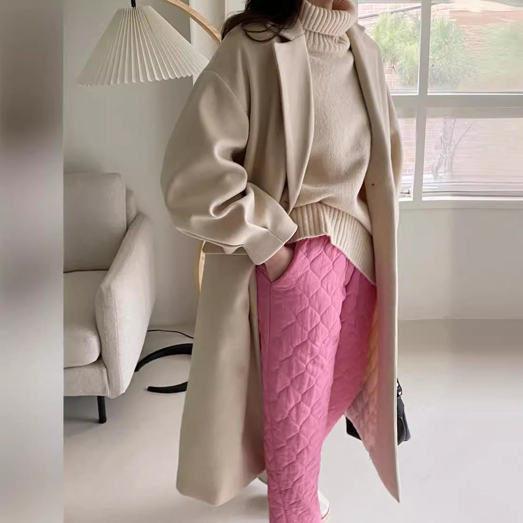 Women Longline Wool Blend Coat with boxy oversized fit and clean lapel