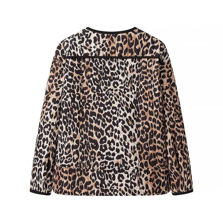Women’s short jacket with all-over leopard print, round neckline and contrasting piping