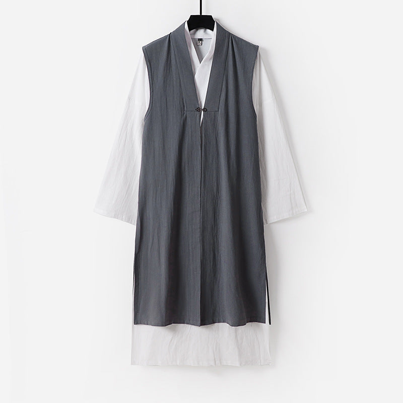 Ladies Long Sleeveless Kimono Vest with Minimalist Lines and Decorative Toggle Closure