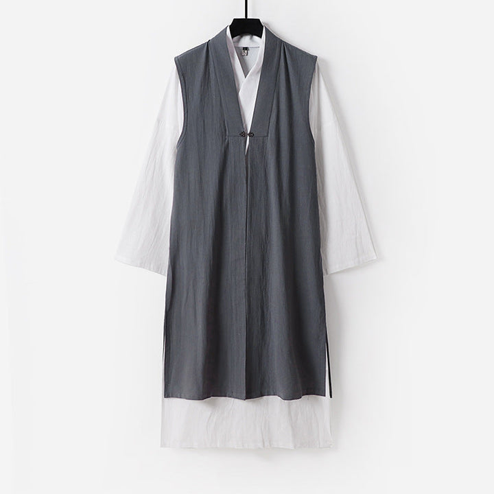 Ladies Long Sleeveless Kimono Vest with Minimalist Lines and Decorative Toggle Closure