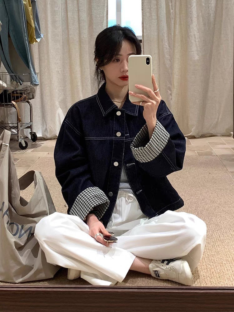 Women Oversized Denim Jacket with Contrasting Check Lining and Cuff Roll