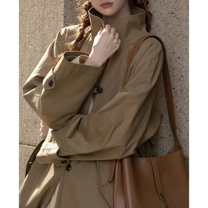 Women Lightweight Oversize Trench Coat with High Stand Collar, Adjustable Cuffs &amp; Tied Belt