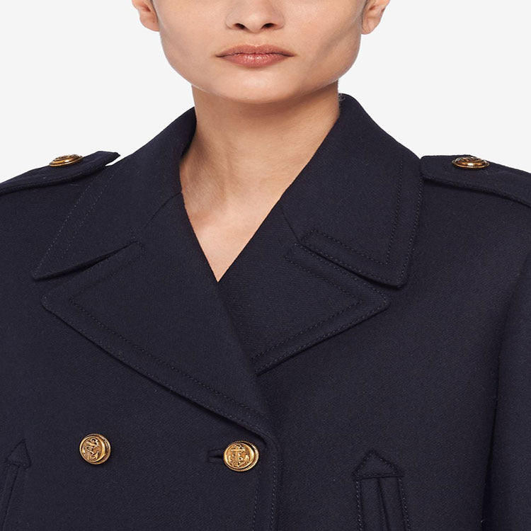Women Double-breasted military-inspired Maxi Wool Coat with Epaulets and Decorative Straps