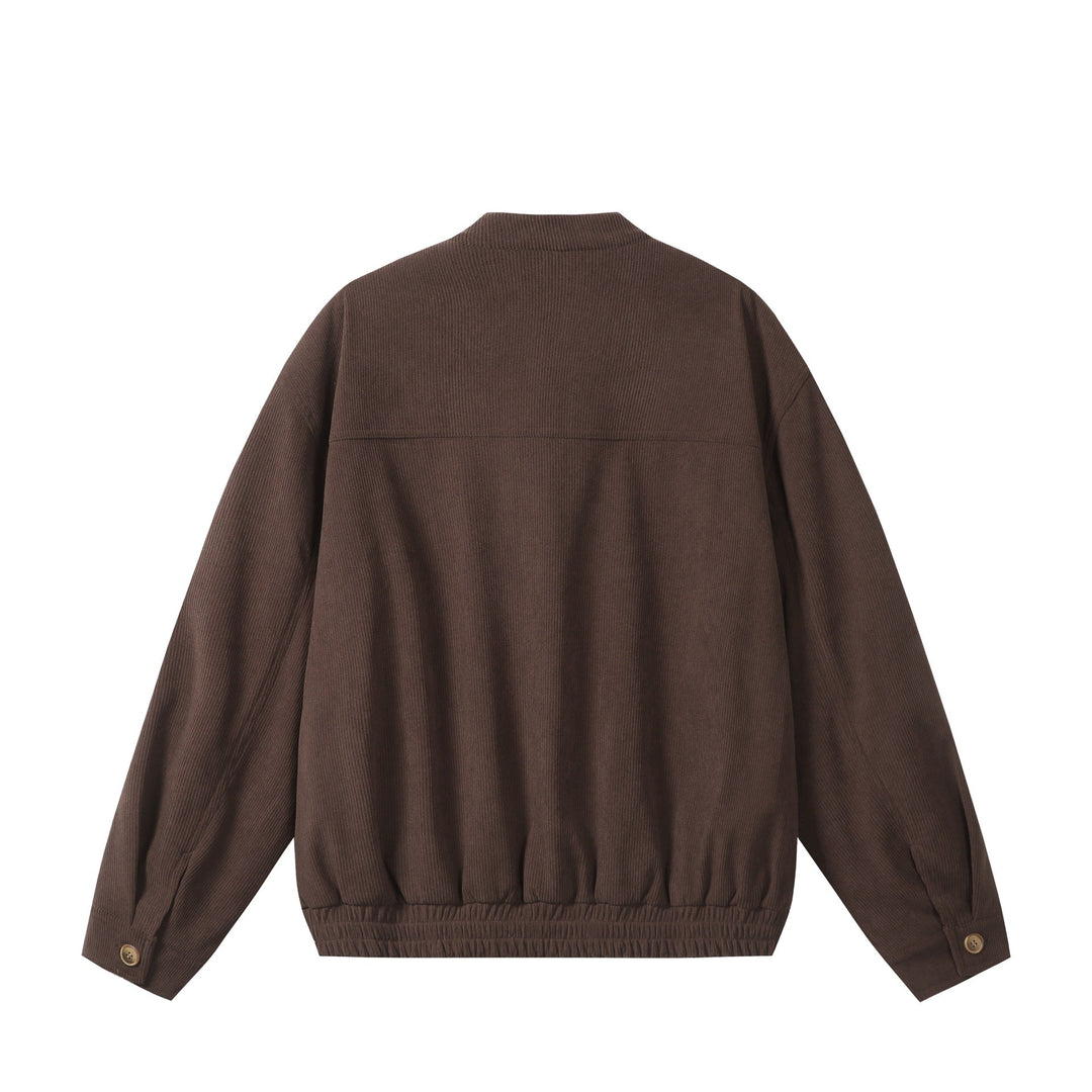 Unisex loose-fitting corduroy blouson jacket with stand-up collar, full-length zip, and elastic hem