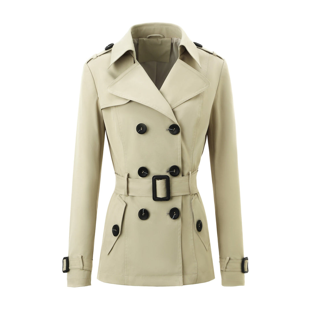 Women Short Tailored Double-breasted Trench Coat with Distinctive Belt Buckle