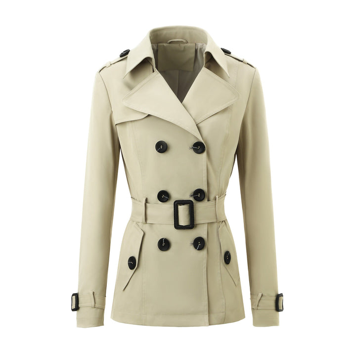 Women Short Tailored Double-breasted Trench Coat with Distinctive Belt Buckle
