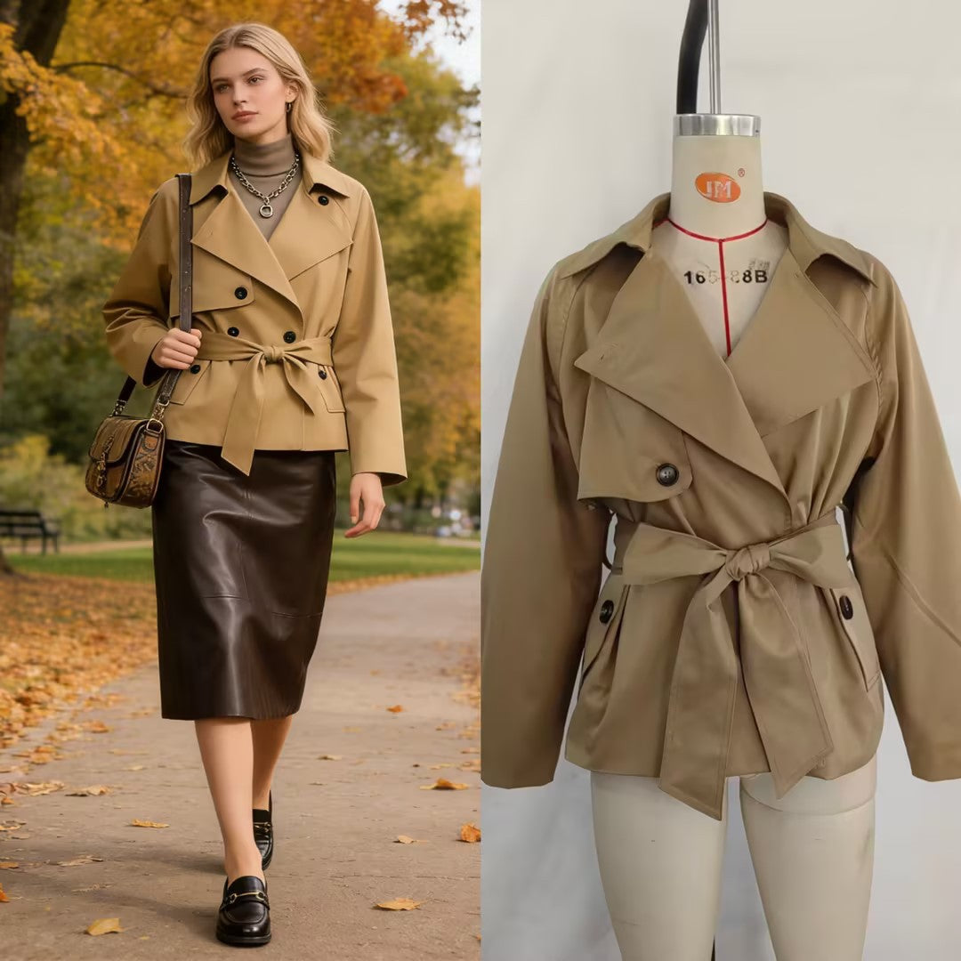 Women Cropped Waist Belt Trench Coat with Wide Lapels and Flap Pockets
