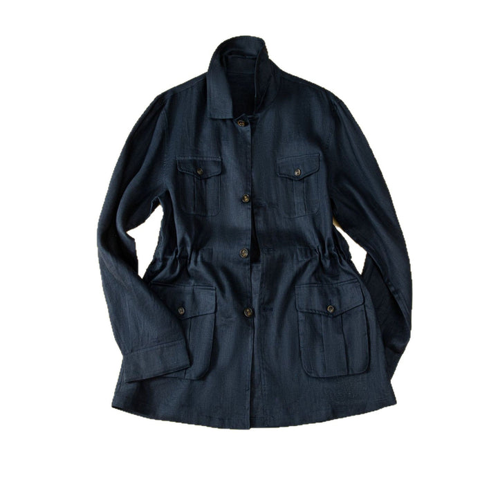 Ladies utility jacket made of linen blend with drawstring, patch pockets and shirt collar