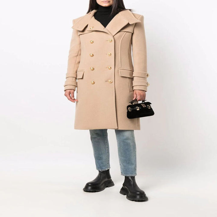 Ladies Elegant Wool Blend Long Coat in Marine Inspired Double Breasted with Oversized Shawl Collar and Decorative Sleeves