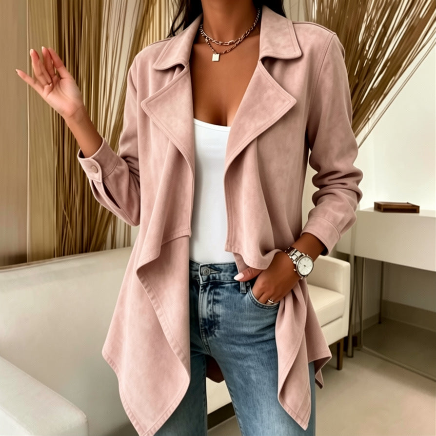 Women waterfall jacket made of faux suede with asymmetrical hem