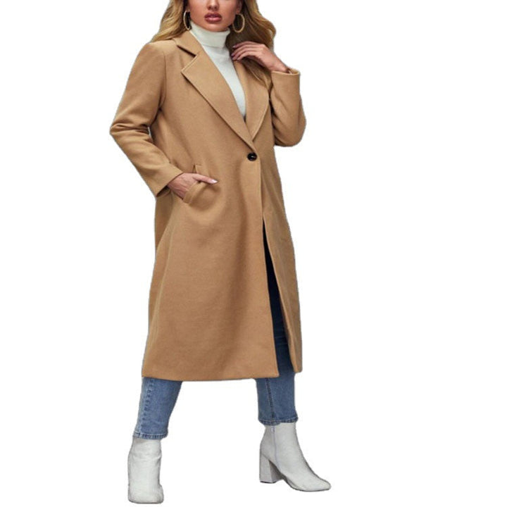Women Maxilength Wool Blend Classic Coat with Minimalist Waist and Hidden Button Placket