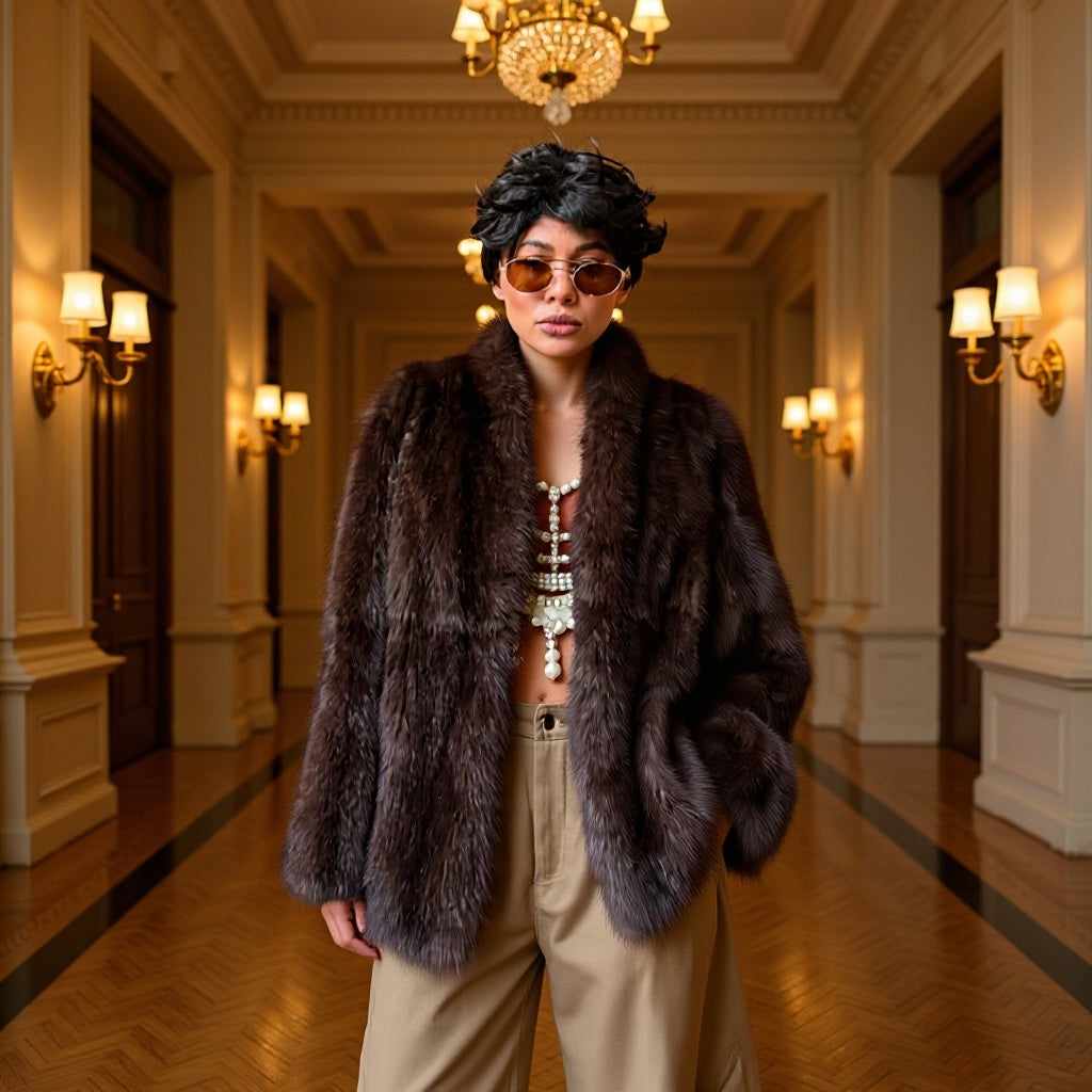 Ladies short fur coat with kimono sleeves and stand-up collar