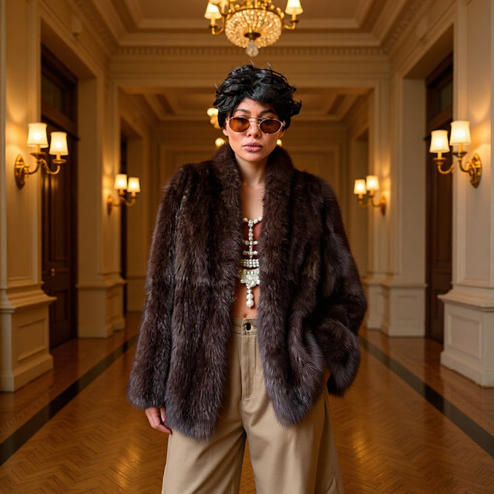 Ladies short fur coat with kimono sleeves and stand-up collar