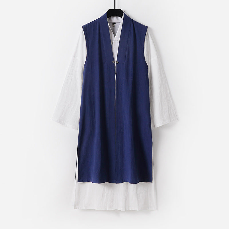 Ladies Long Sleeveless Kimono Vest with Minimalist Lines and Decorative Toggle Closure