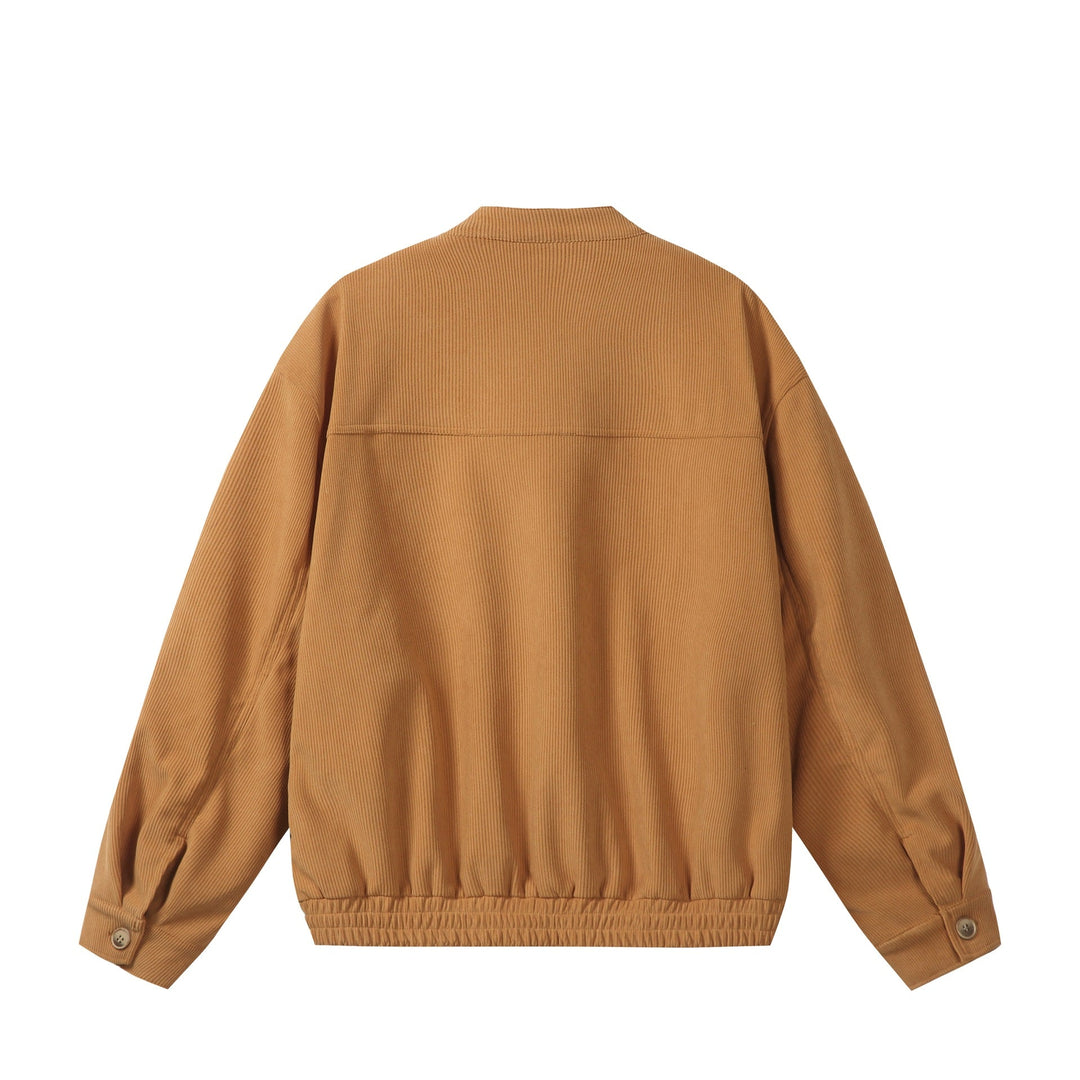 Unisex loose-fitting corduroy blouson jacket with stand-up collar, full-length zip, and elastic hem