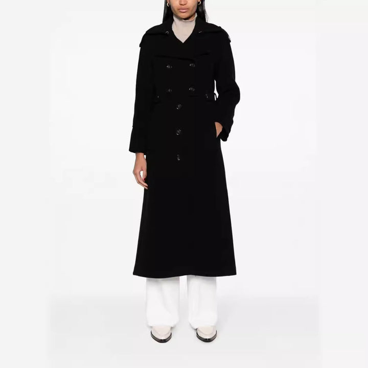 Women Floor-Length Double-Breasted Trench Coat made of Wool Blend with Shoulder Patches and Concealed Waist Belt