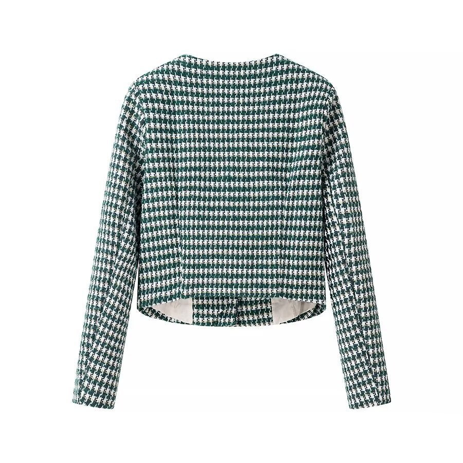 Women Tailored Boucle Short Blazer with Houndstooth Pattern and Decorative Buttons