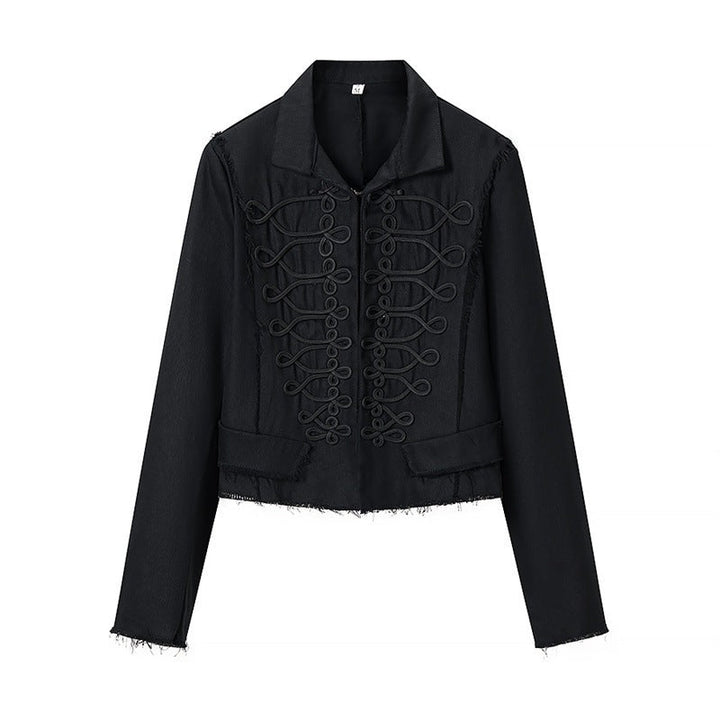 Women Cropped Military Inspired Jacket with Braid Application and Fringed Hem