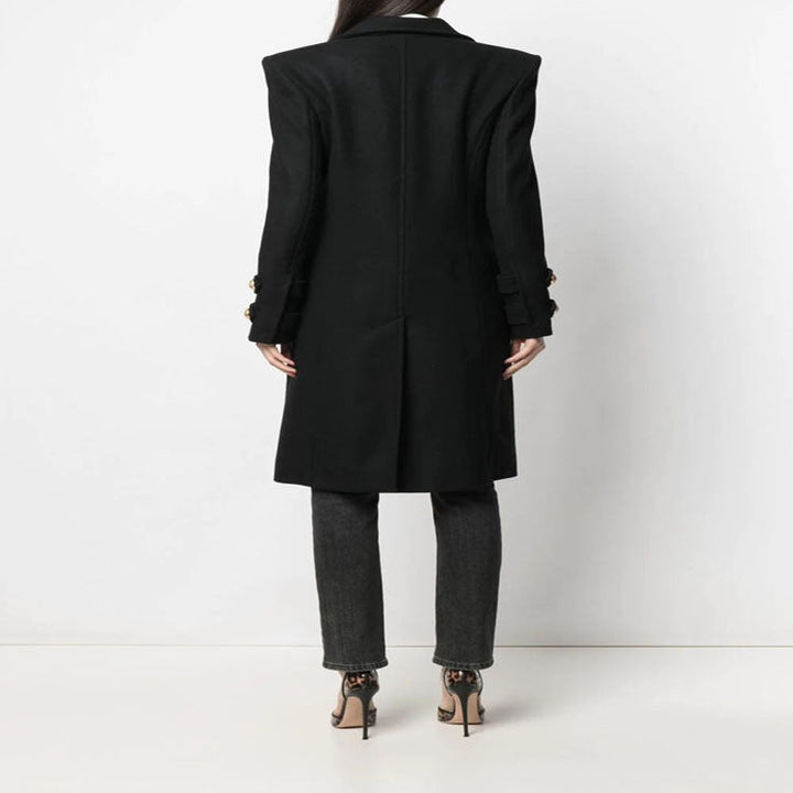 Ladies Elegant Wool Blend Long Coat in Marine Inspired Double Breasted with Oversized Shawl Collar and Decorative Sleeves