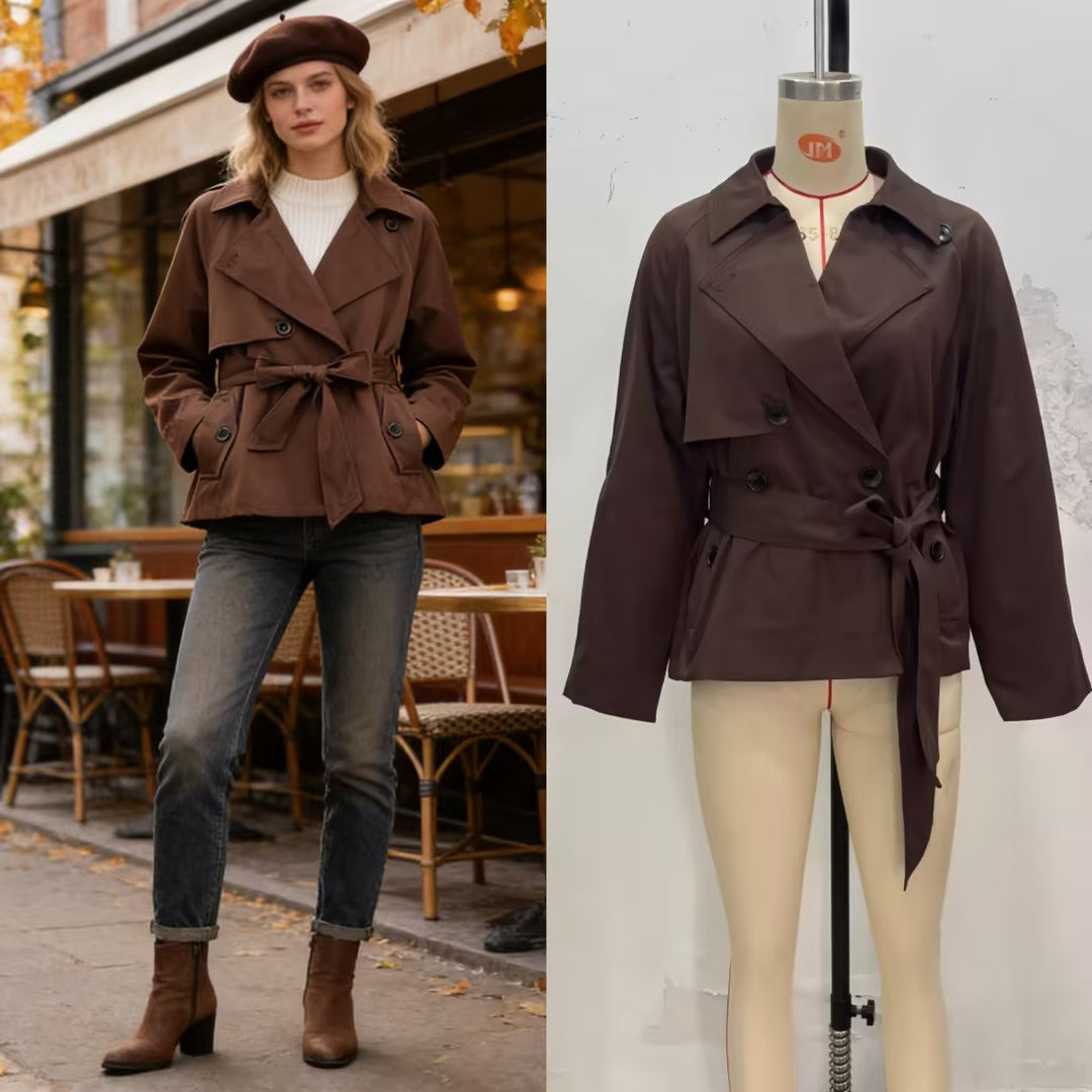 Women Cropped Waist Belt Trench Coat with Wide Lapels and Flap Pockets
