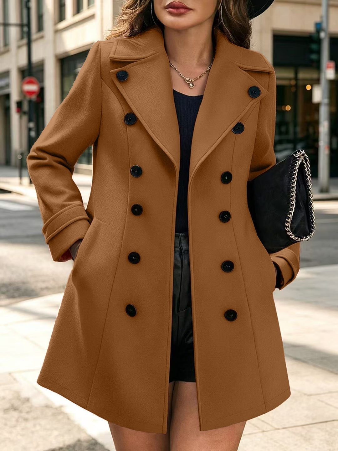 Ladies Elegant tailored trench coat with double-breasted and lapel collar