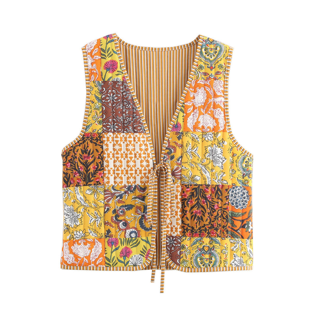 Women Patchwork Vest with Tie Band and V-Neck